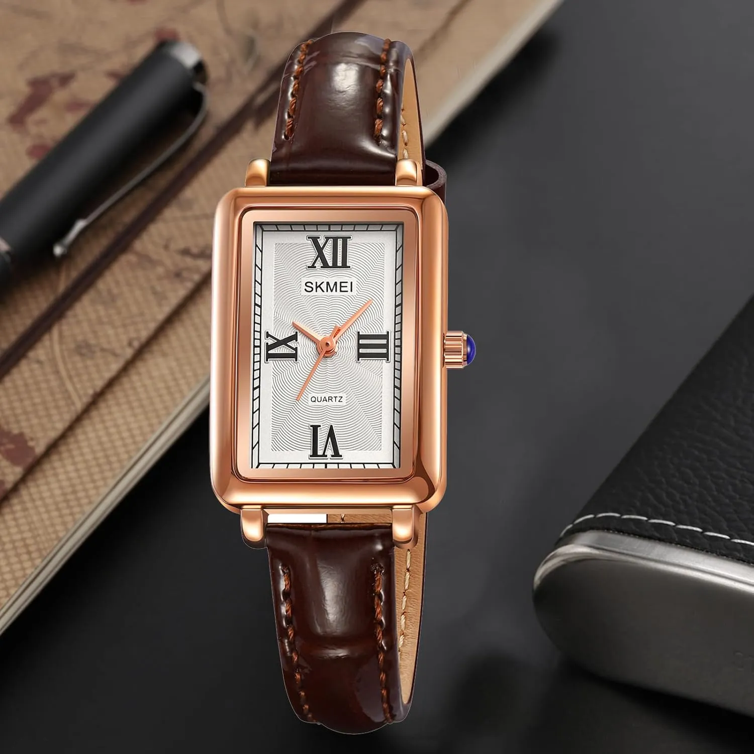 Women's Classic Vintage Rectangle Wrist Watch Ladies Analog Quartz Watch Ultra-Thin Ladies Bangle Bracelet Watch Female Business Dress Watch with Leather Strap
