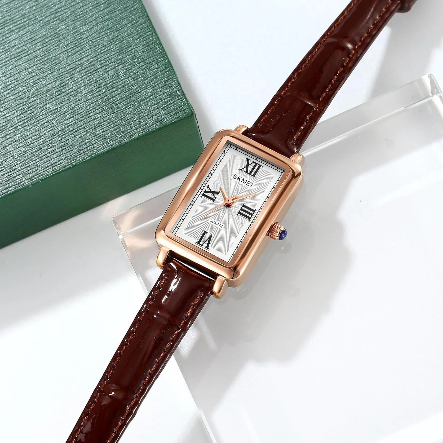 Women's Classic Vintage Rectangle Wrist Watch Ladies Analog Quartz Watch Ultra-Thin Ladies Bangle Bracelet Watch Female Business Dress Watch with Leather Strap