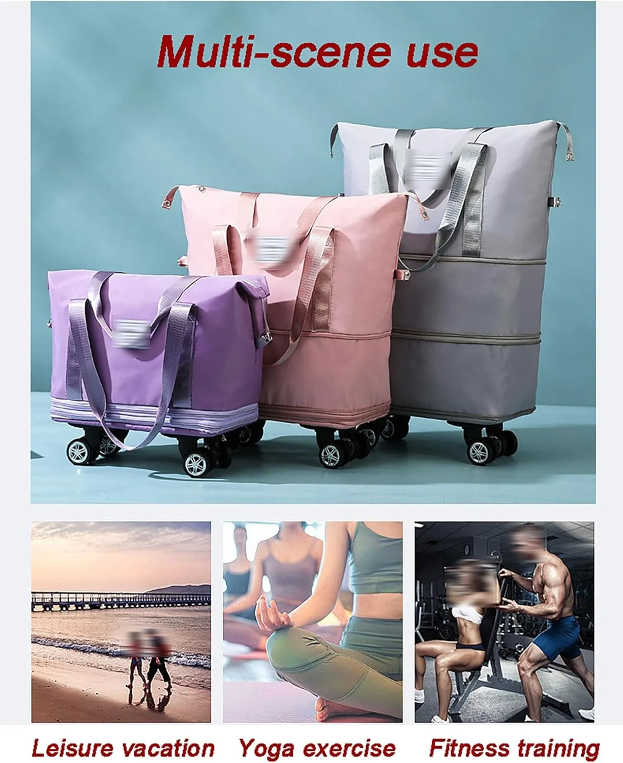 Women's Expandable Wheeled Duffle Bag - Large Capacity with 360° Spinner Wheels & Detachable Packing Cubes, Carry-On Luggage for Short Trips, Gym, Weekend Getaway(Gray)
