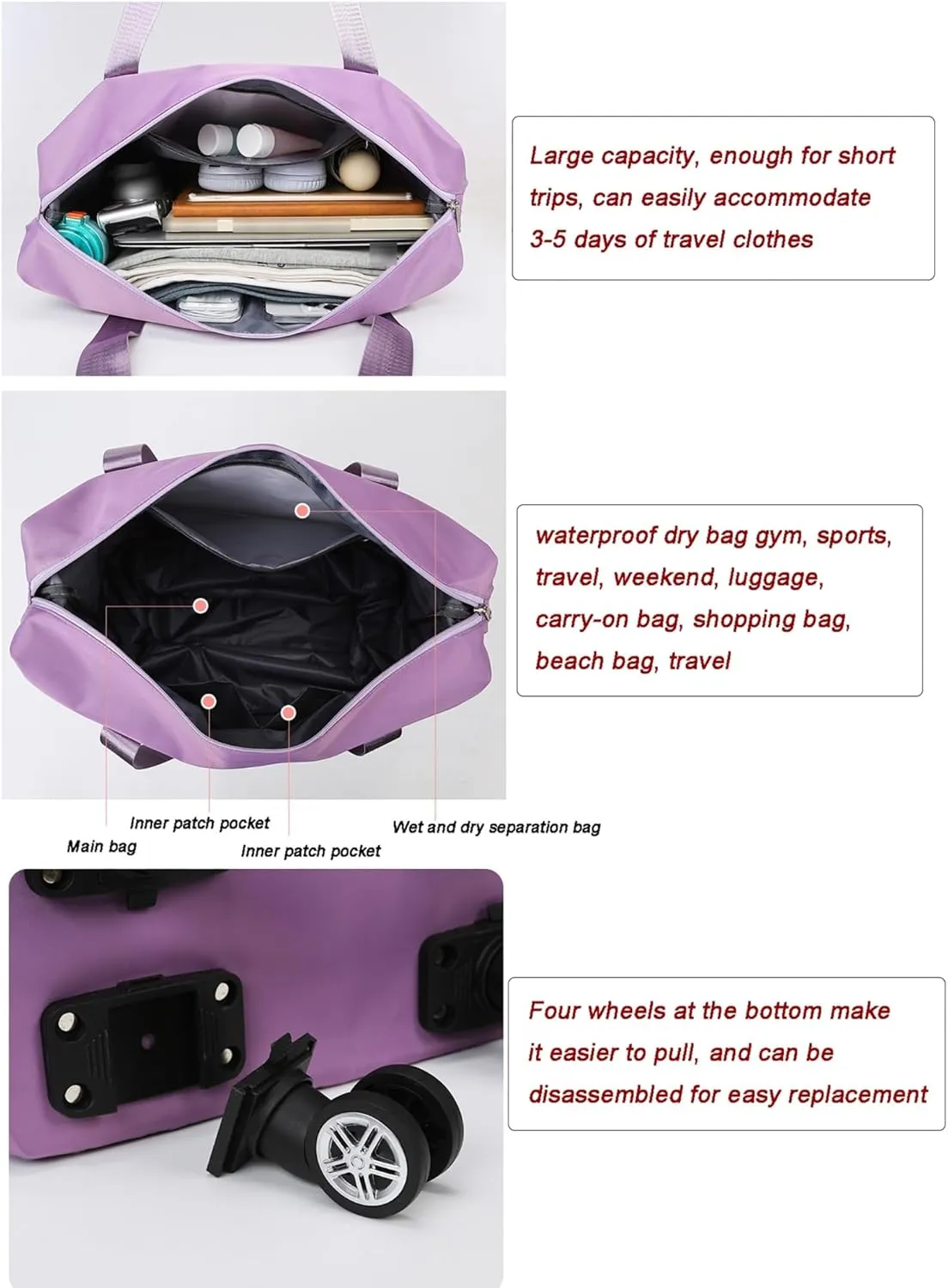 Women's Expandable Wheeled Duffle Bag - Large Capacity with 360° Spinner Wheels & Detachable Packing Cubes, Carry-On Luggage for Short Trips, Gym, Weekend Getaway(Gray)