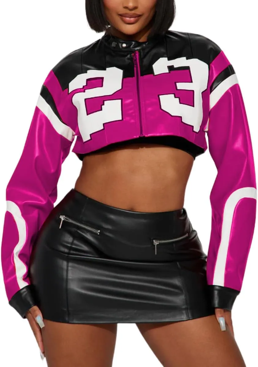 Women's Faux Leather Jacket Zip Up Cropped Bomber Leather Jacket Women 2024 S-XL
