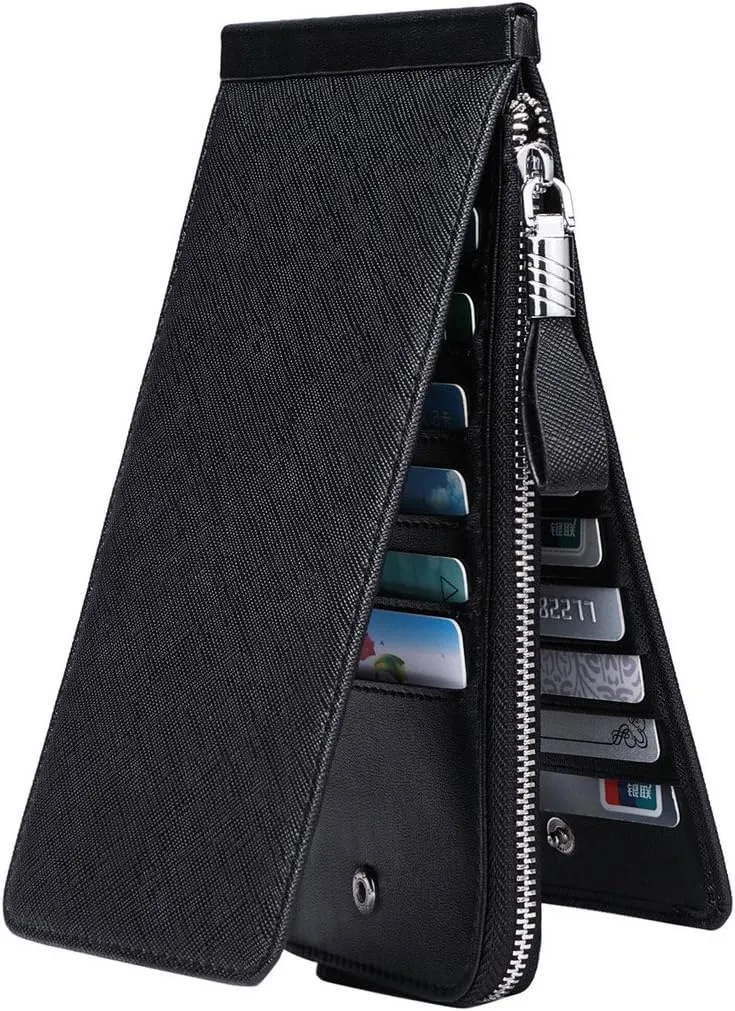 Women's Genuine Leather Credit Card Holder RFID Long Zipper Purse Wallet