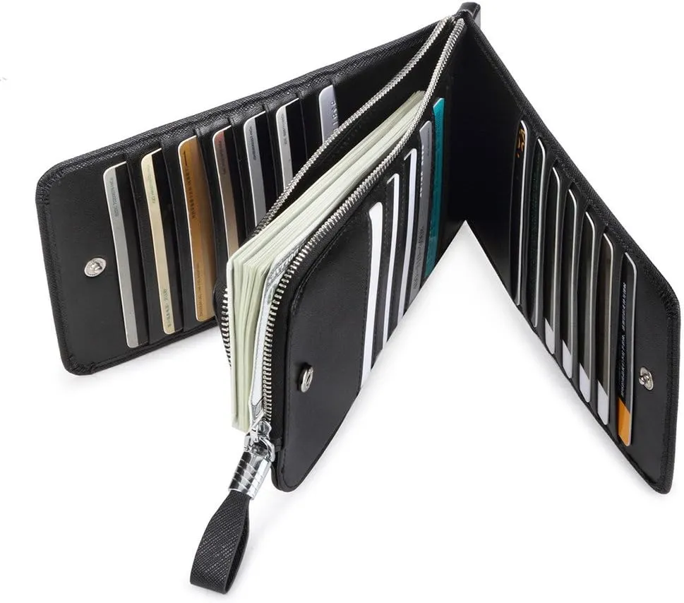 Women's Genuine Leather Credit Card Holder RFID Long Zipper Purse Wallet