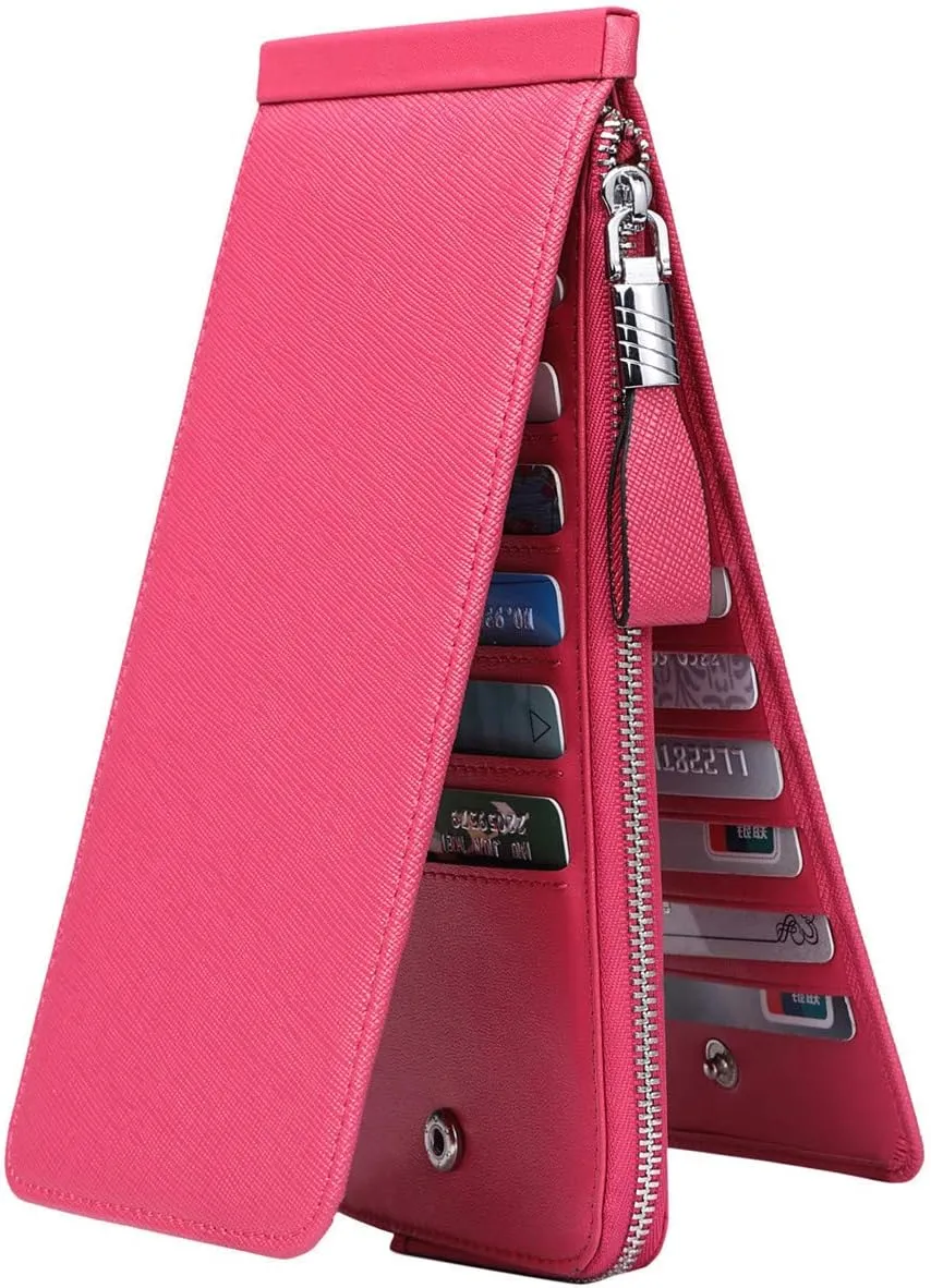 Women's Genuine Leather Credit Card Holder RFID Long Zipper Purse Wallet
