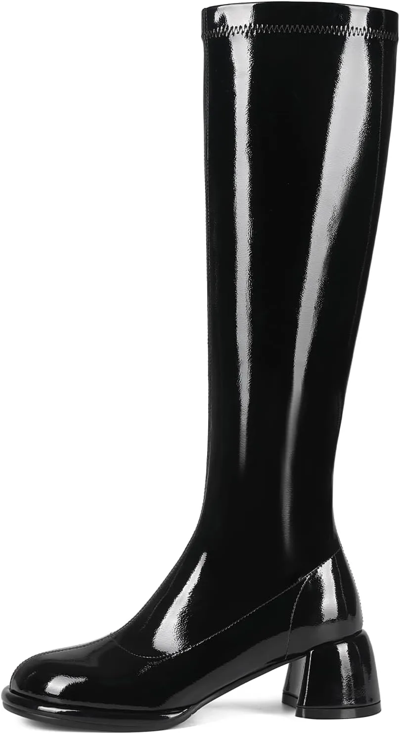 Women's Knee High Boots Round Toe Chunky Heel Tall Boots for Women Side Zipper Long Boots