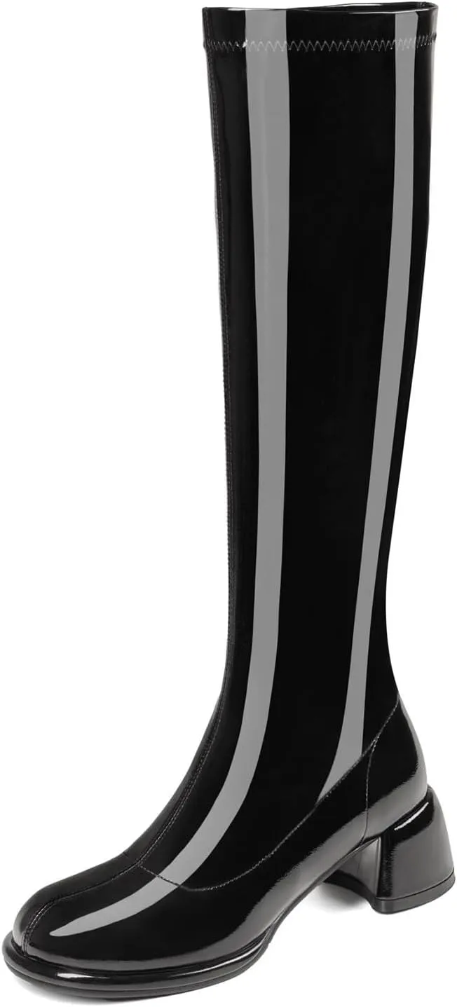 Women's Knee High Boots Round Toe Chunky Heel Tall Boots for Women Side Zipper Long Boots