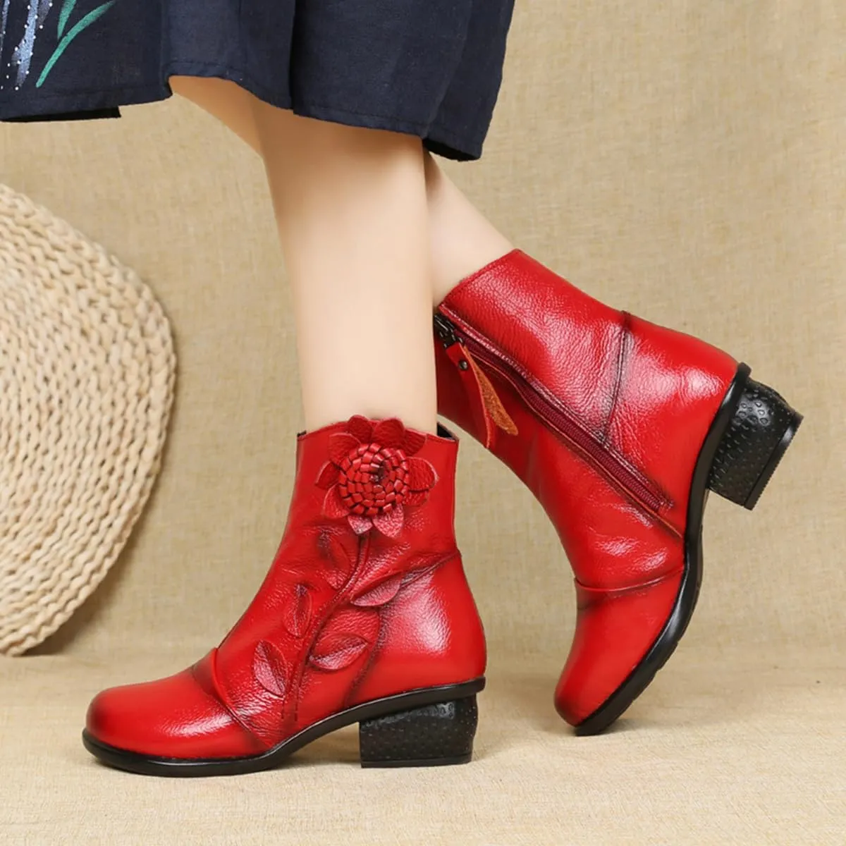 Women's Leather Mid Calf Boots Ethnic Floral Round Toe Block Low Heel Ankle Booties with Side Zipper