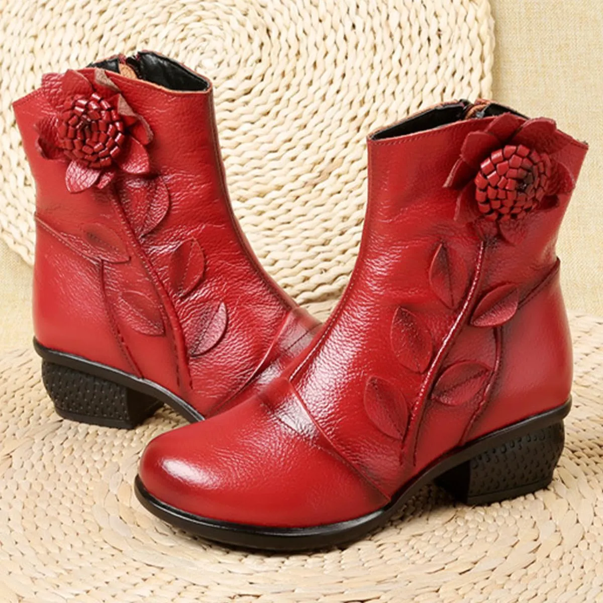 Women's Leather Mid Calf Boots Ethnic Floral Round Toe Block Low Heel Ankle Booties with Side Zipper