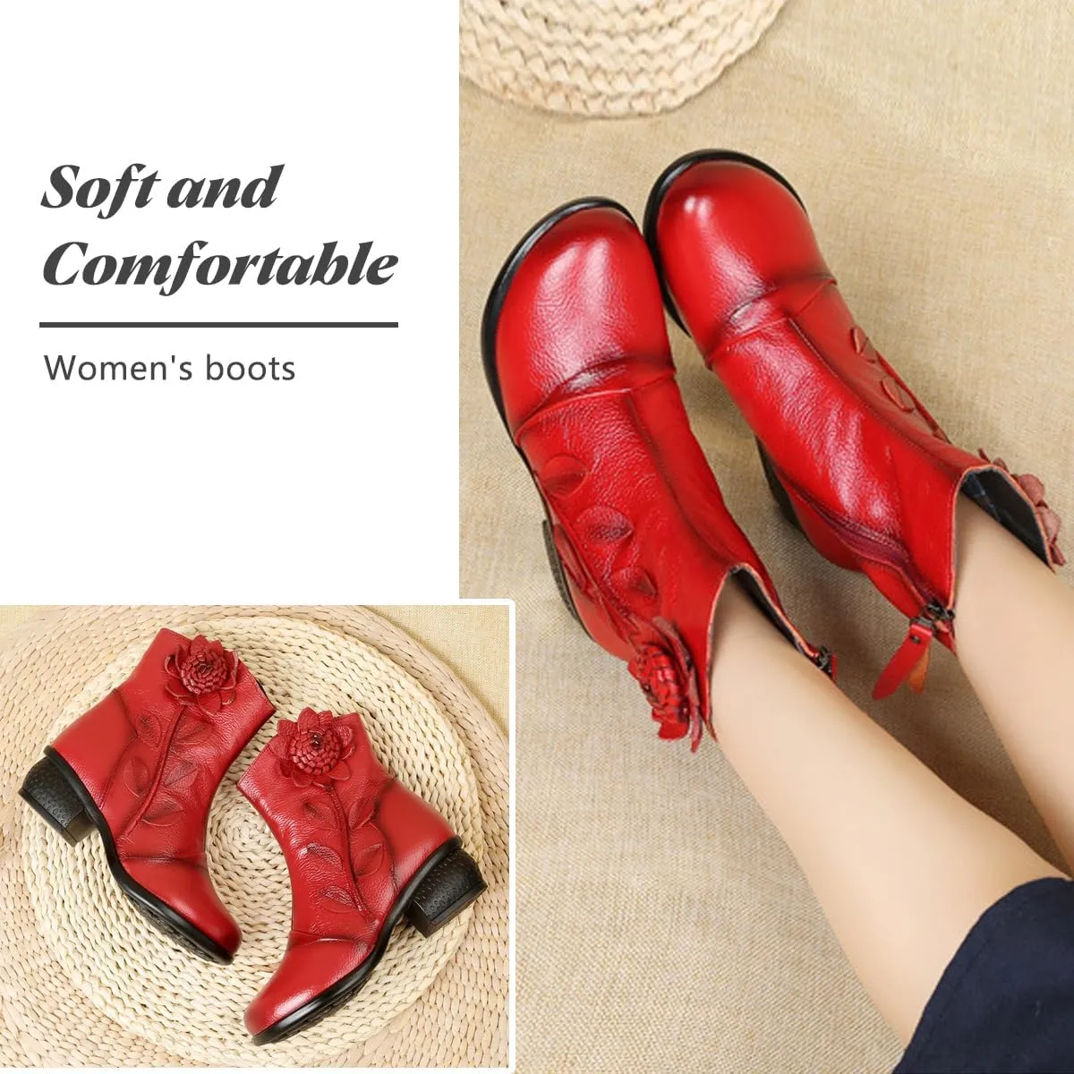 Women's Leather Mid Calf Boots Ethnic Floral Round Toe Block Low Heel Ankle Booties with Side Zipper
