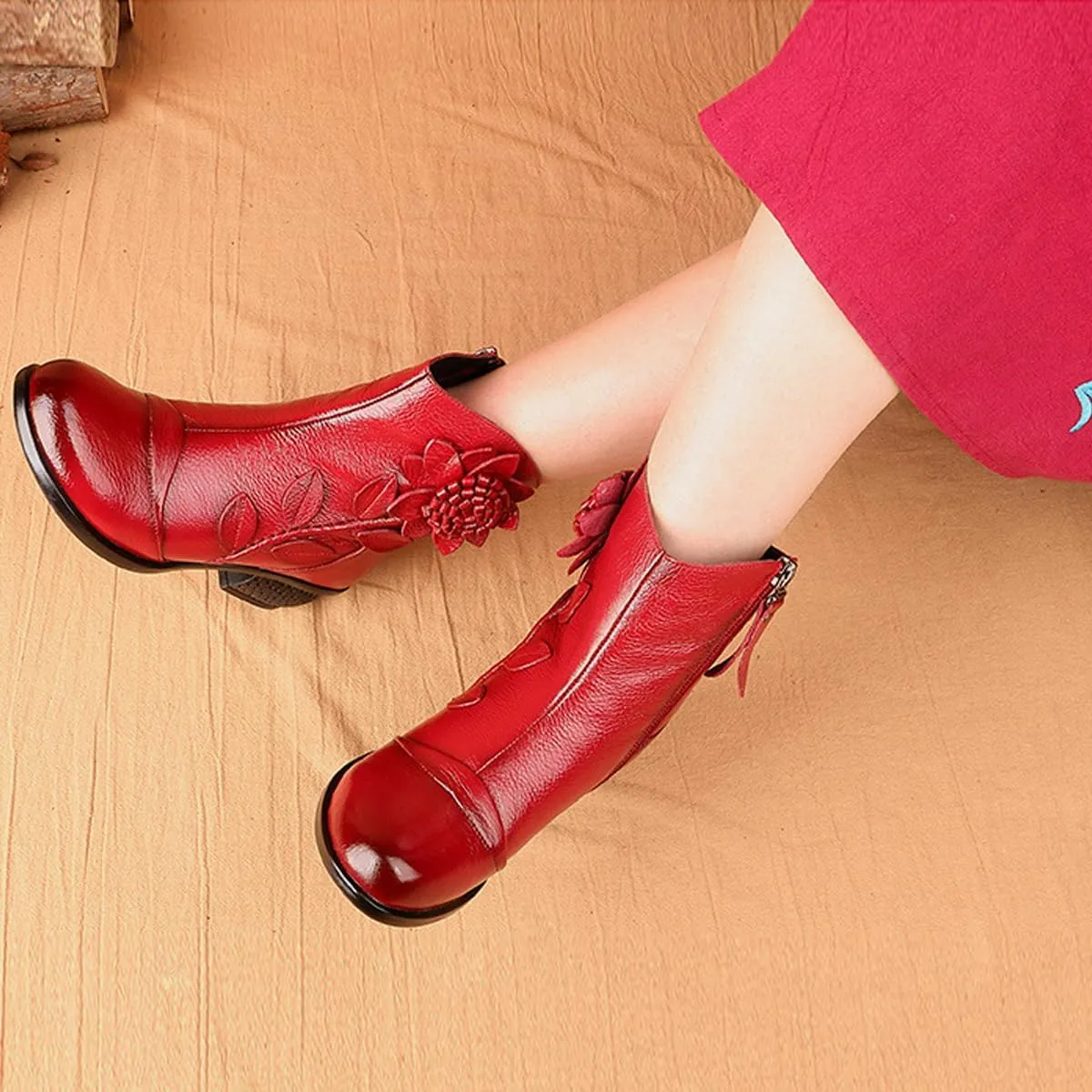 Women's Leather Mid Calf Boots Ethnic Floral Round Toe Block Low Heel Ankle Booties with Side Zipper