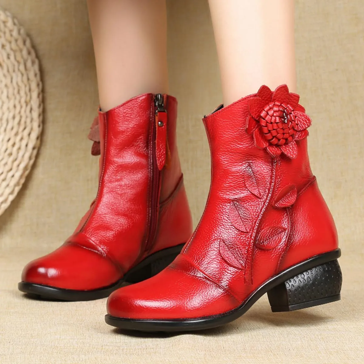 Women's Leather Mid Calf Boots Ethnic Floral Round Toe Block Low Heel Ankle Booties with Side Zipper