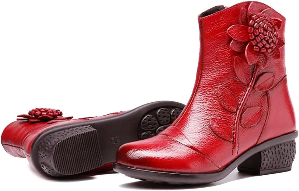 Women's Leather Mid Calf Boots Ethnic Floral Round Toe Block Low Heel Ankle Booties with Side Zipper