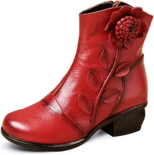 Women's Leather Mid Calf Boots Ethnic Floral Round Toe Block Low Heel Ankle Booties with Side Zipper
