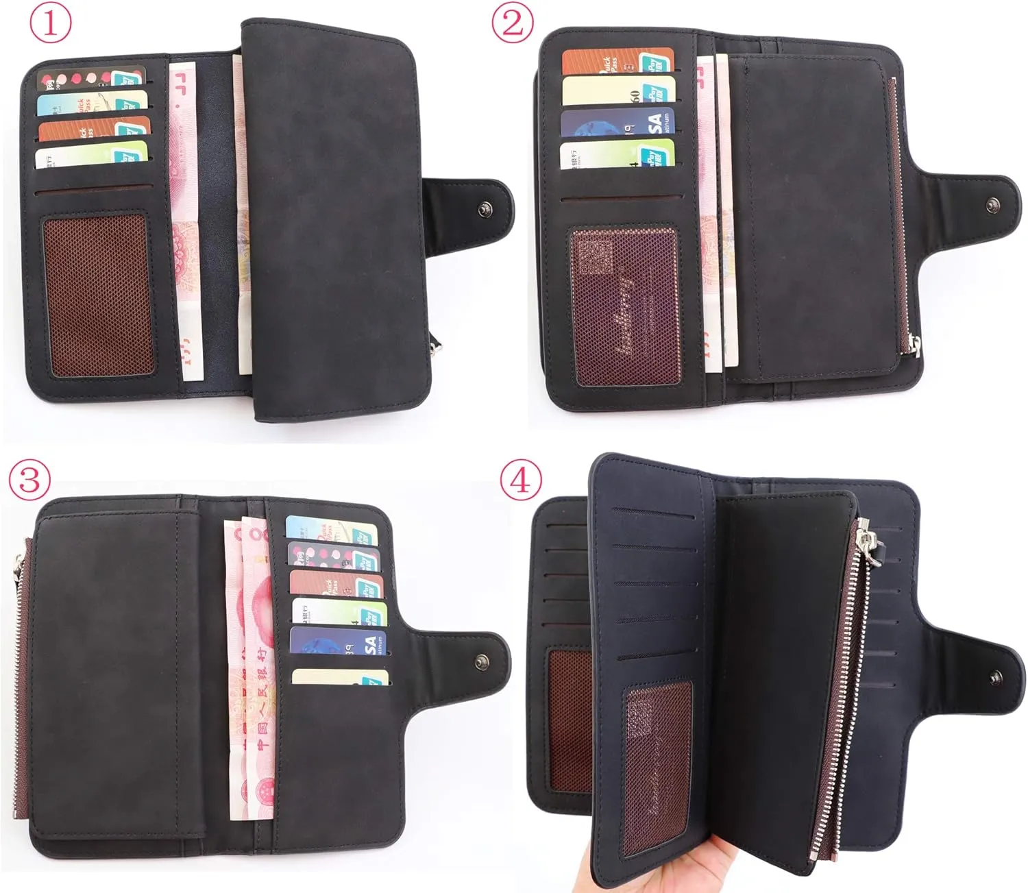 Women's Long Leather Wallet RFID Blocking Cash ID Credit Card Holder for Women Ladies Soft Clutch Wallet with Zipper Coin Pocket Fashion Purse (Black)