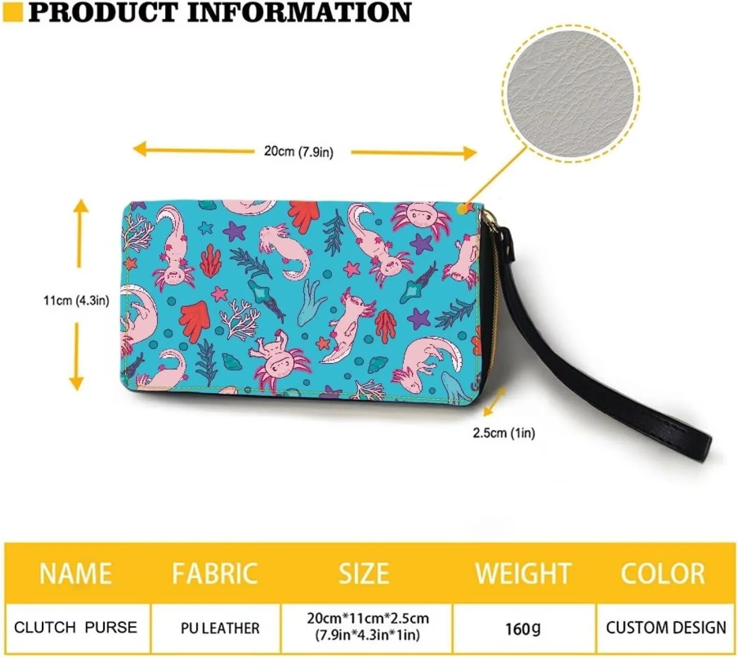 Women's Long Wallet Axolotl Print Clutch Bag PU Leather Credit Card Holder & Coin Purse Travel Shopping Zipper Handbag