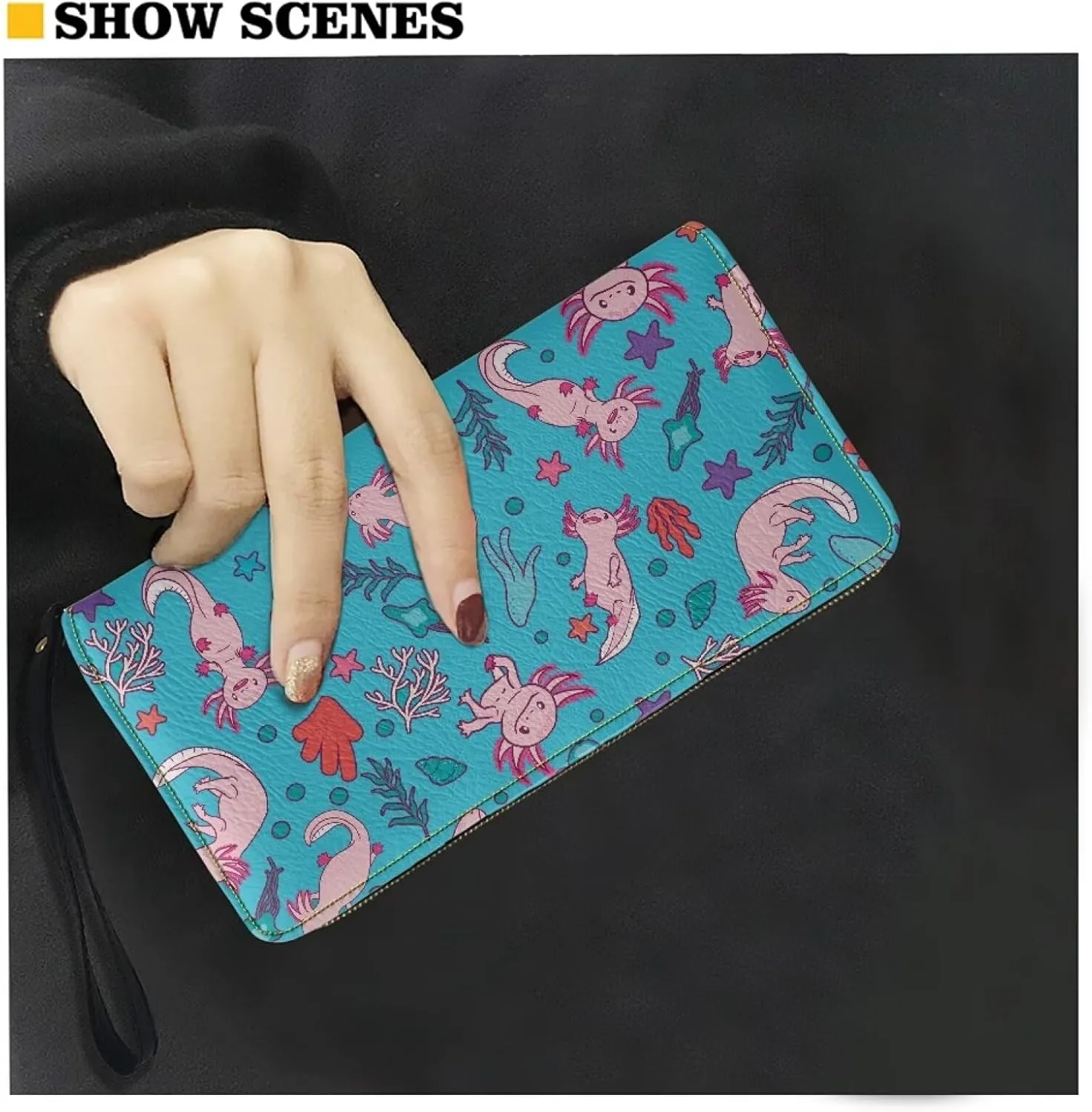 Women's Long Wallet Axolotl Print Clutch Bag PU Leather Credit Card Holder & Coin Purse Travel Shopping Zipper Handbag