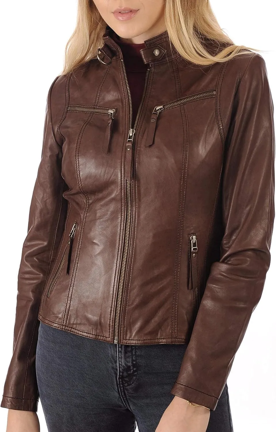 Women's Motorcycle Genuine Leather Jacket - Lambskin Leather Jacket Woman - Real Leather Jackets for Women