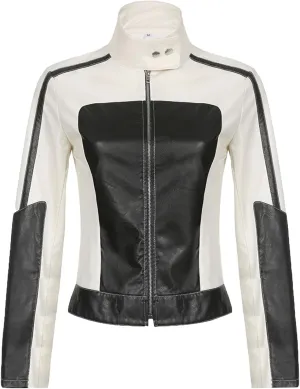 Women’s Rider Black & White Genuine Sheepskin Racing Streetwear Slim Fit Leather Jacket