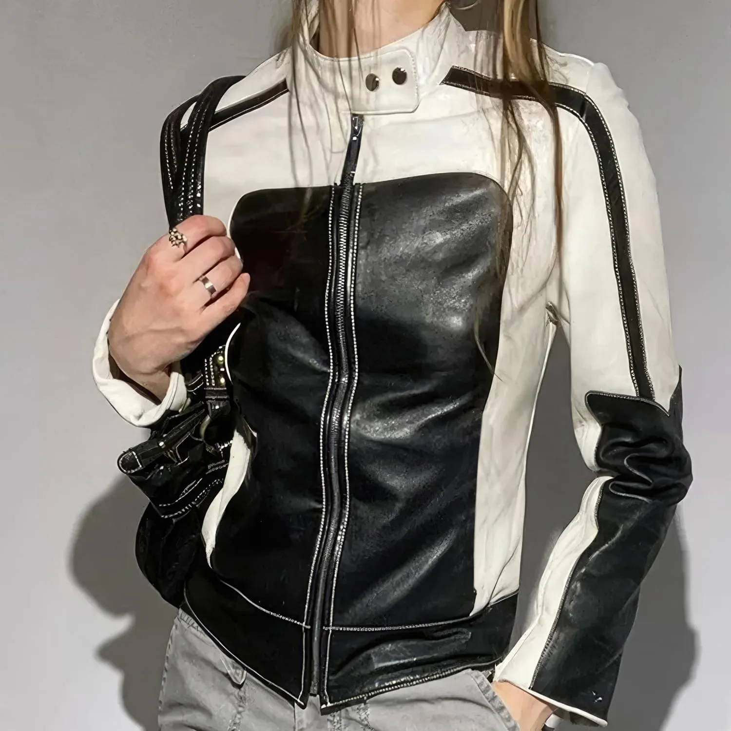 Women’s Rider Black & White Genuine Sheepskin Racing Streetwear Slim Fit Leather Jacket