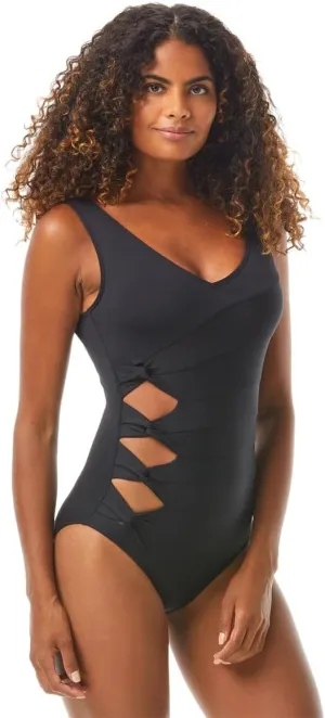 Women's Twisted Tides V Neck One Piece Swimsuit Black