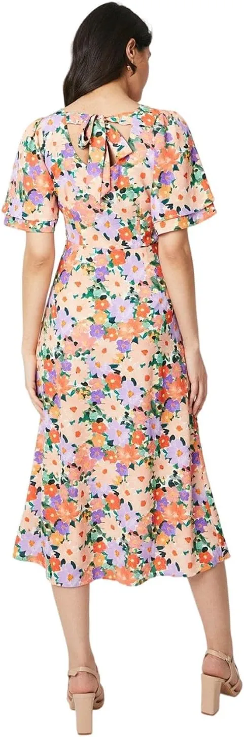 Womens/Ladies Floral Bow Angel Sleeve Midi Dress