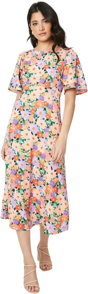 Womens/Ladies Floral Bow Angel Sleeve Midi Dress
