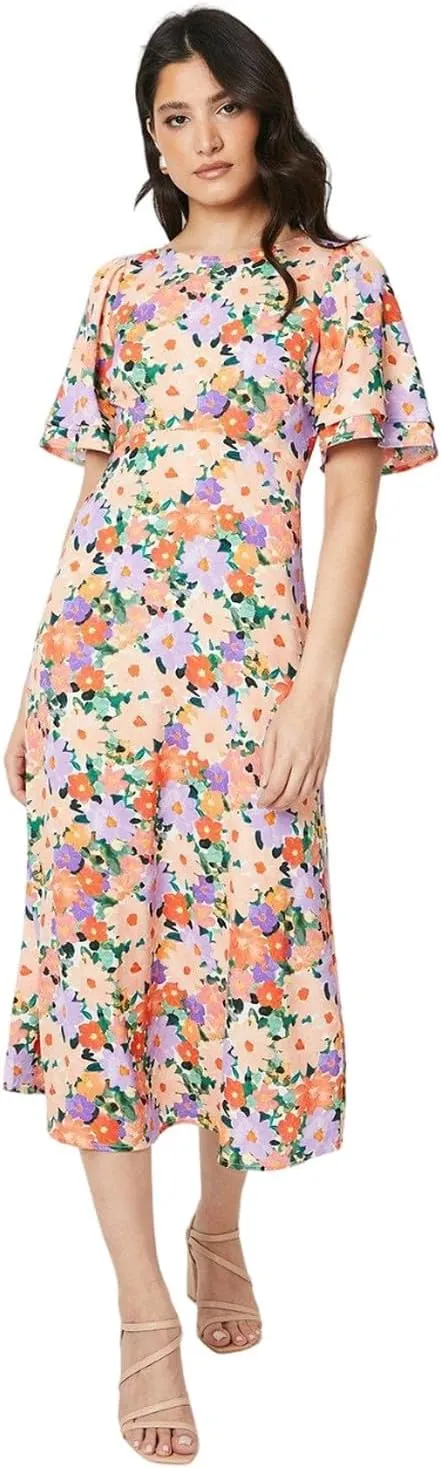 Womens/Ladies Floral Bow Angel Sleeve Midi Dress