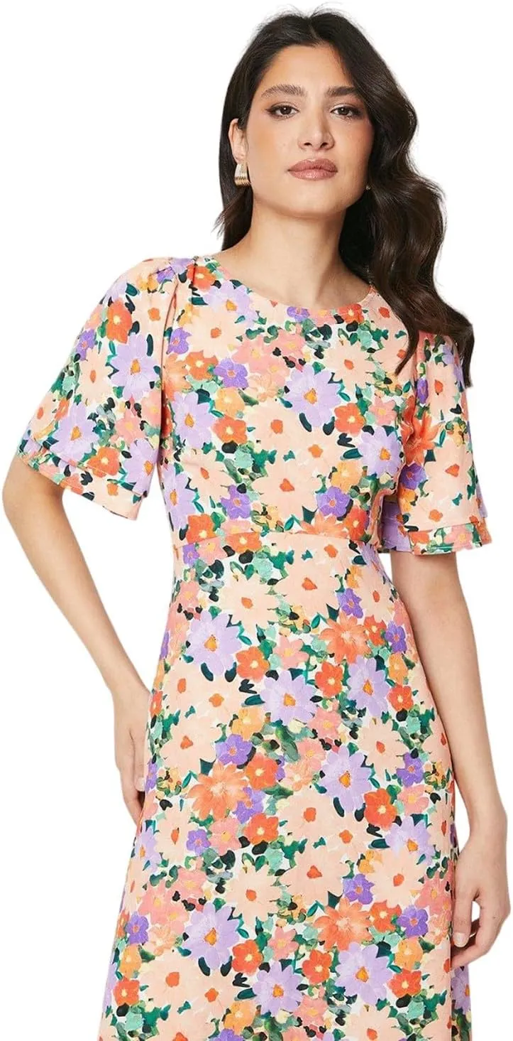 Womens/Ladies Floral Bow Angel Sleeve Midi Dress