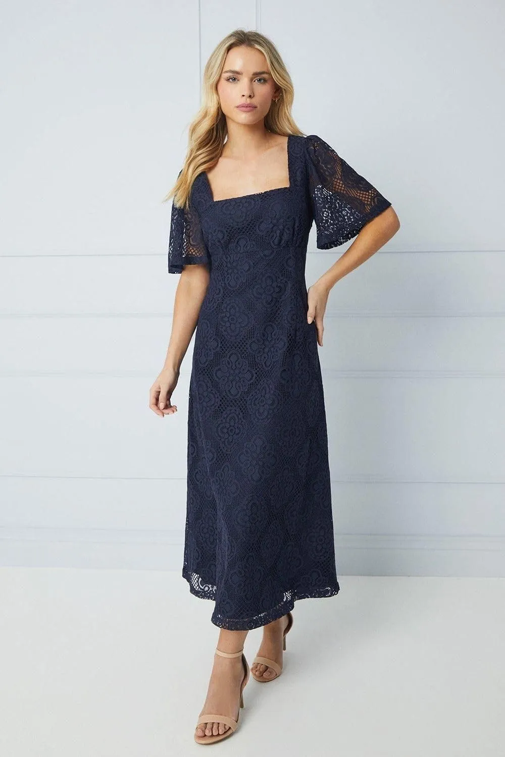 Womens/Ladies Lace Square Neck Petite Midi Dress