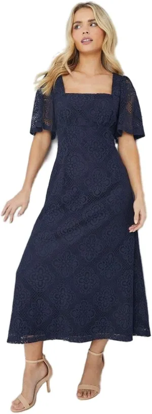 Womens/Ladies Lace Square Neck Petite Midi Dress