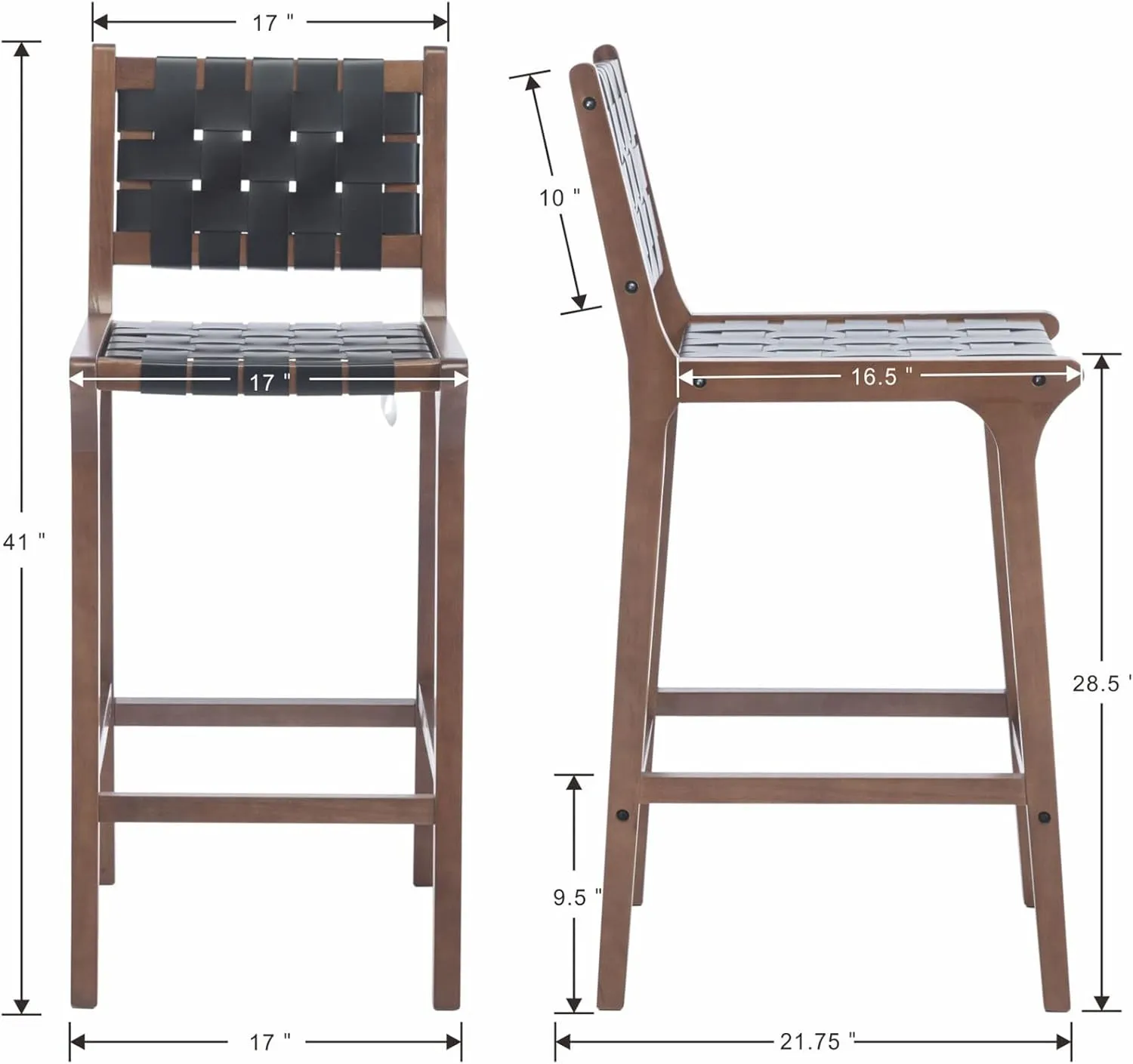 Wood Bar Stools Set of 2 Modern 28.5" Bar Height Stool with PU Leather Woven Straps Seat & Open Back Walnut Wood Color Bar Chairs with Footrest for Home Bar/Dining Room/Kitchen Island, Black