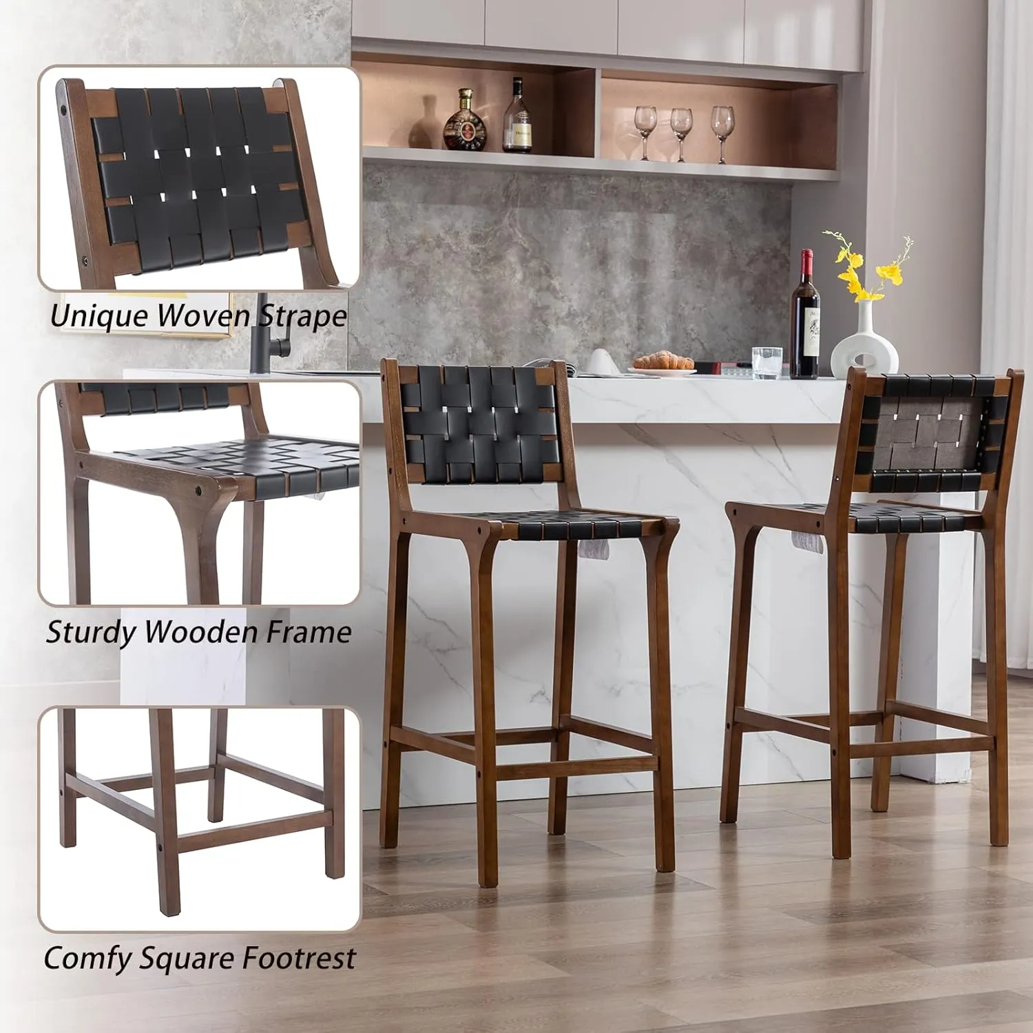 Wood Bar Stools Set of 2 Modern 28.5" Bar Height Stool with PU Leather Woven Straps Seat & Open Back Walnut Wood Color Bar Chairs with Footrest for Home Bar/Dining Room/Kitchen Island, Black