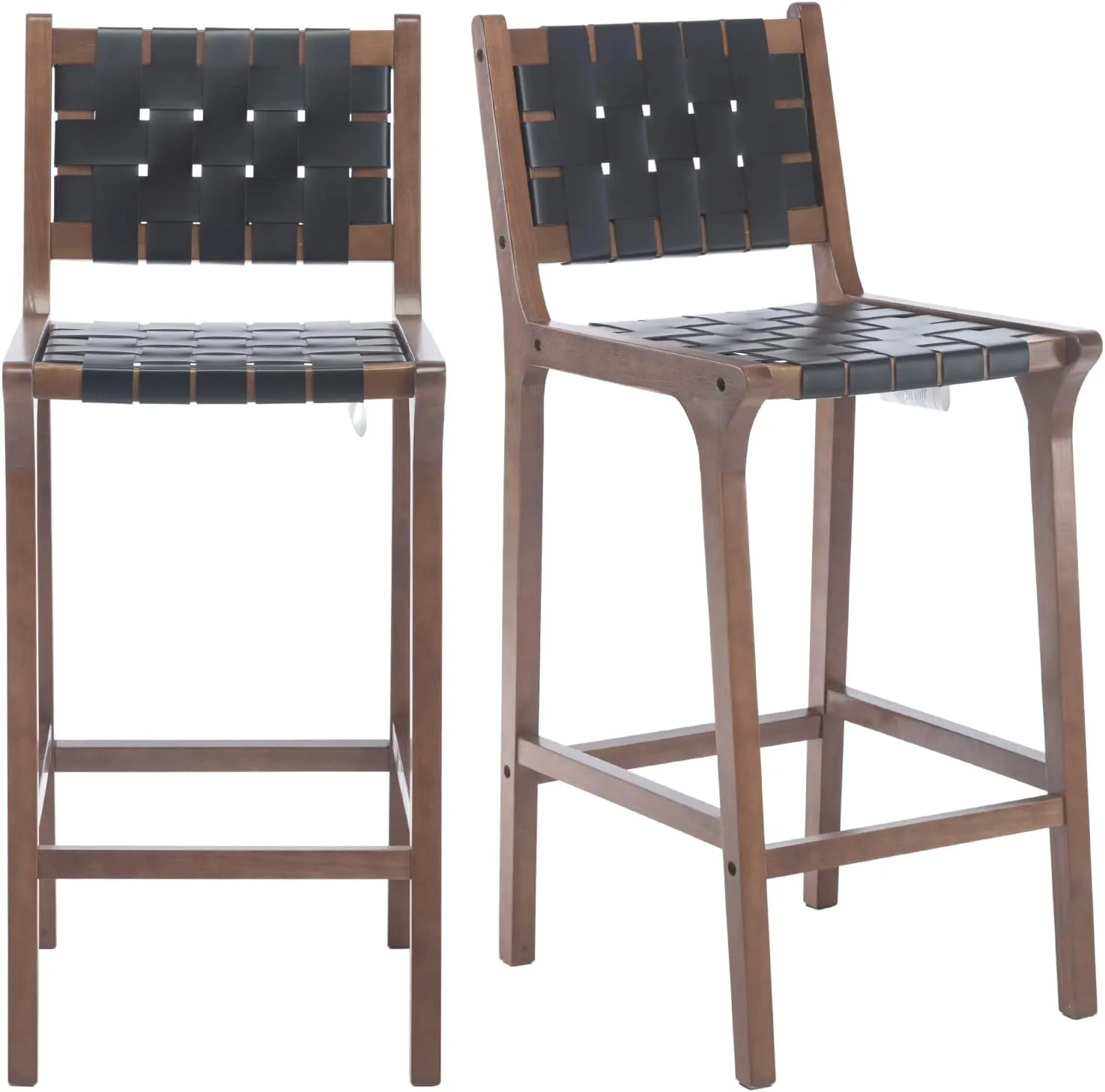 Wood Bar Stools Set of 2 Modern 28.5" Bar Height Stool with PU Leather Woven Straps Seat & Open Back Walnut Wood Color Bar Chairs with Footrest for Home Bar/Dining Room/Kitchen Island, Black