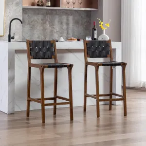 Wood Bar Stools Set of 2 Modern 28.5" Bar Height Stool with PU Leather Woven Straps Seat & Open Back Walnut Wood Color Bar Chairs with Footrest for Home Bar/Dining Room/Kitchen Island, Black