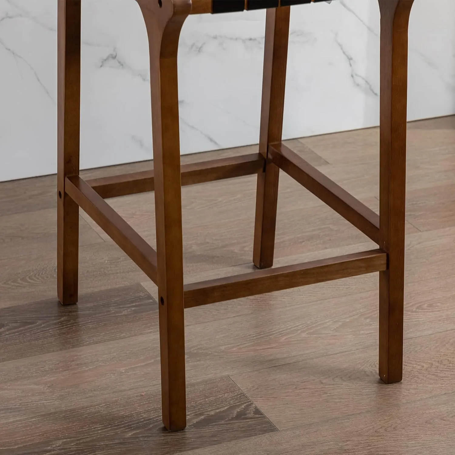 Wood Bar Stools Set of 2 Modern 28.5" Bar Height Stool with PU Leather Woven Straps Seat & Open Back Walnut Wood Color Bar Chairs with Footrest for Home Bar/Dining Room/Kitchen Island, Black