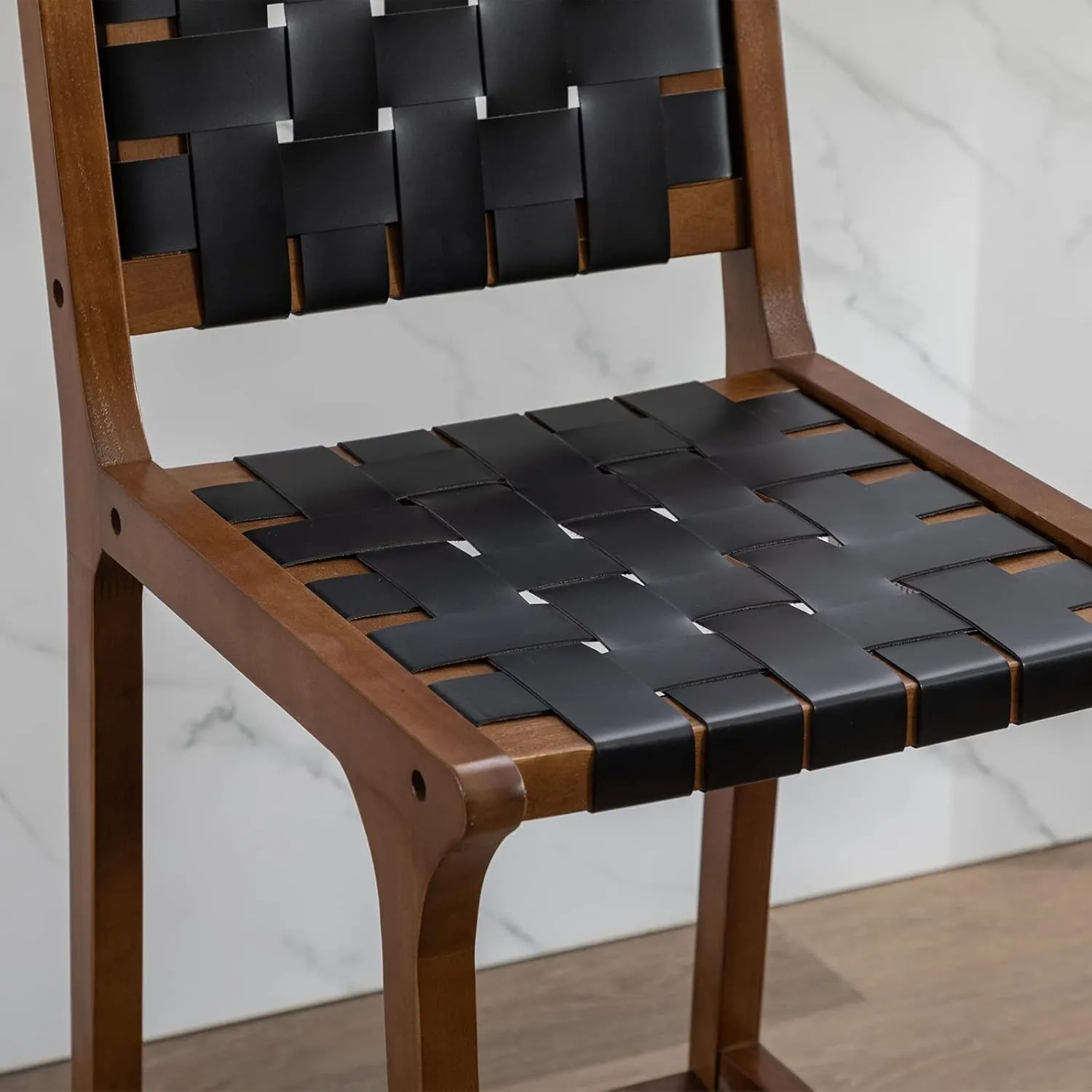 Wood Bar Stools Set of 2 Modern 28.5" Bar Height Stool with PU Leather Woven Straps Seat & Open Back Walnut Wood Color Bar Chairs with Footrest for Home Bar/Dining Room/Kitchen Island, Black