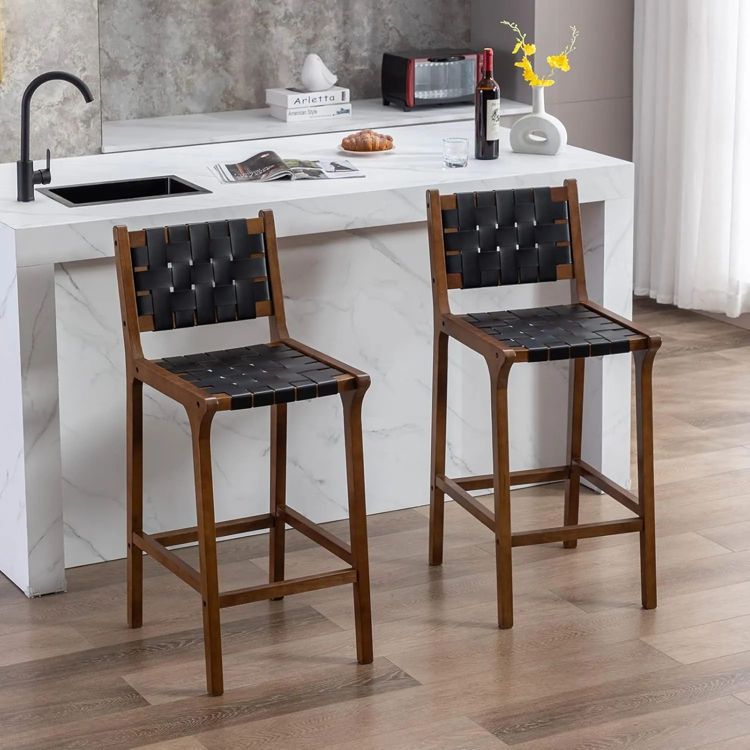 Wood Bar Stools Set of 2 Modern 28.5" Bar Height Stool with PU Leather Woven Straps Seat & Open Back Walnut Wood Color Bar Chairs with Footrest for Home Bar/Dining Room/Kitchen Island, Black