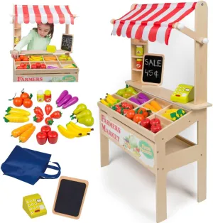 Wooden Farmers Market Stand Toy- 30  Food PCs Include Fruit Veggies Chalkboard & Cash Register- Pretend Role Play, Fun Indoor Natural Wood Grocery Set- Playroom Daycare Activity Center- Kids Gift