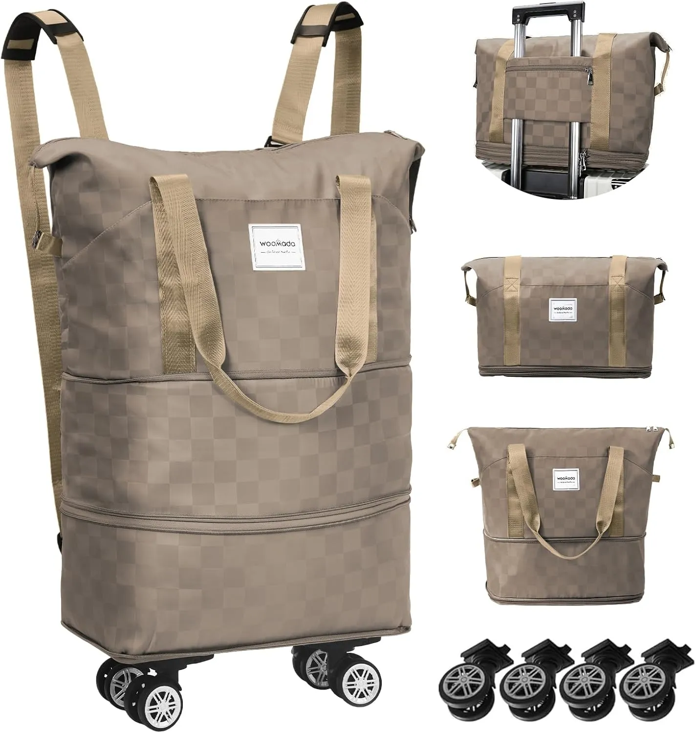 WOOMADA Expandable Foldable Rolling Duffel Bag with Wheels, Detachable Rolling Backpack Weekend Bag for Travel, Business, Camping, Gift for Parents, Spouse(khaki checkerboard)