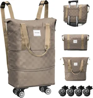 WOOMADA Expandable Foldable Rolling Duffel Bag with Wheels, Detachable Rolling Backpack Weekend Bag for Travel, Business, Camping, Gift for Parents, Spouse(khaki checkerboard)