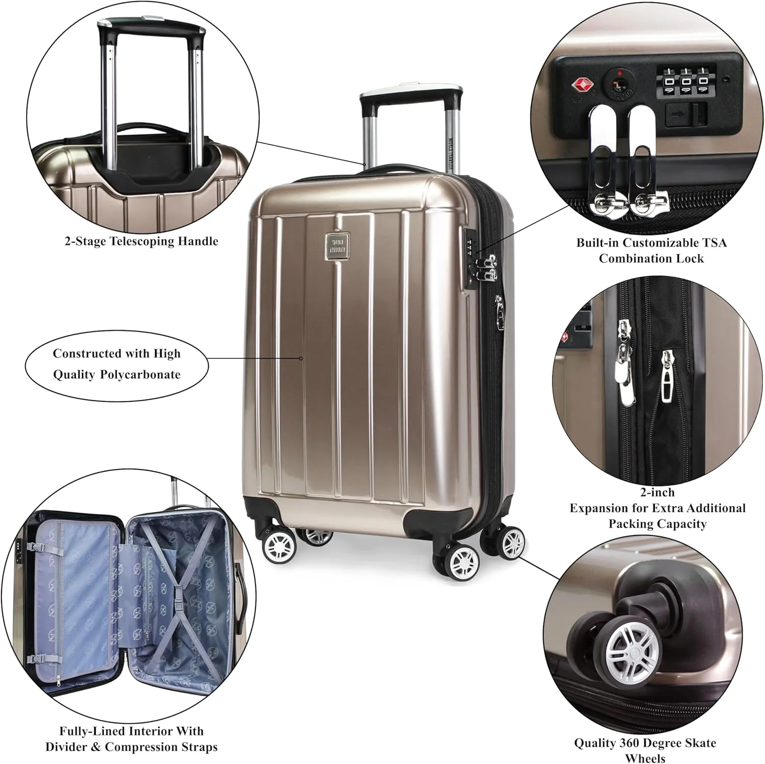 World Traveler Contour Lightweight Polycarbonate Hardside Expandable Spinner Luggage with TSA Lock, Champagne, 2-Piece Set(20in,24in)