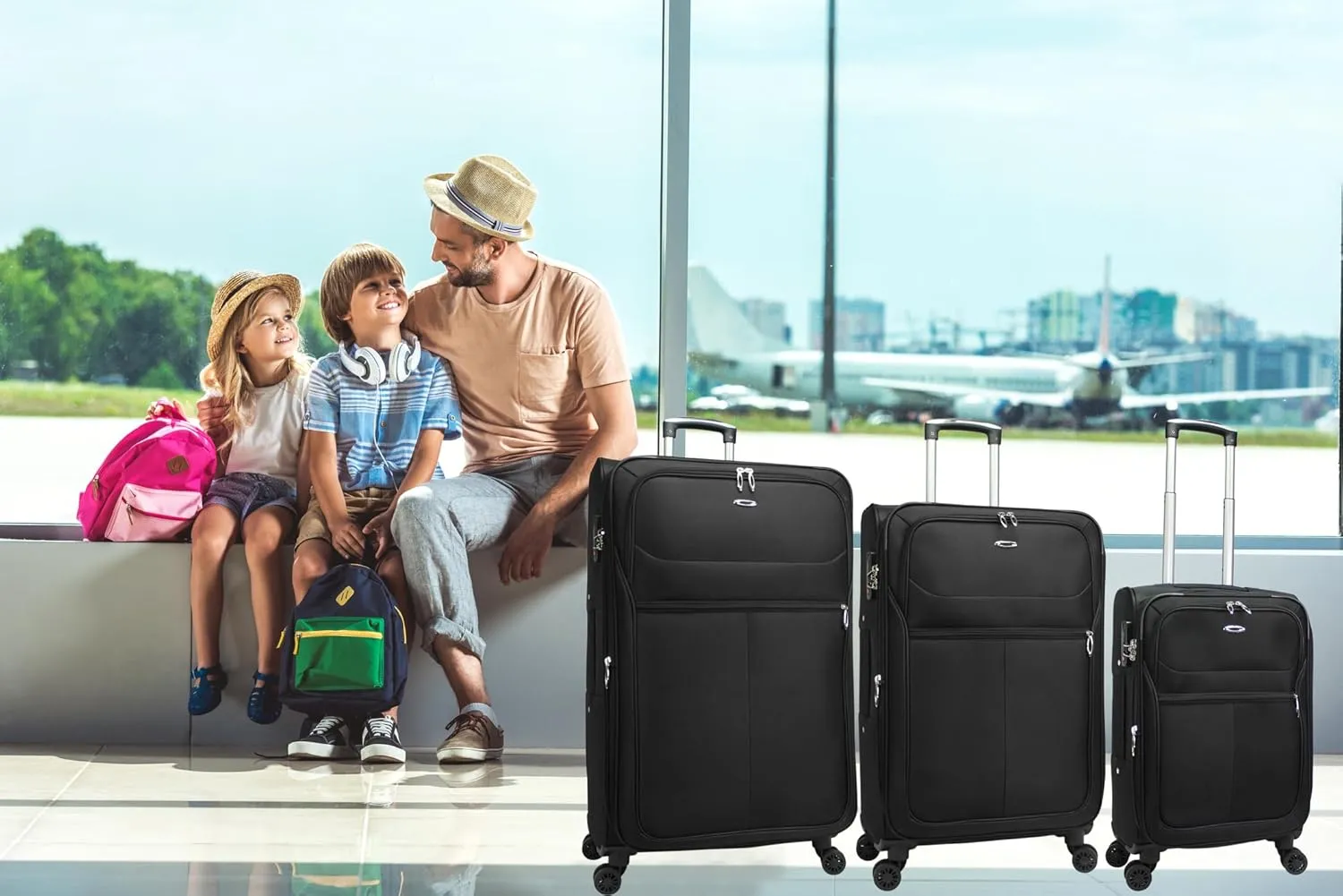 World Traveler Kemyer Softside Lightweight Expandable Spinner Luggage, Black, 3-Piece Set(20in,25in,29in)