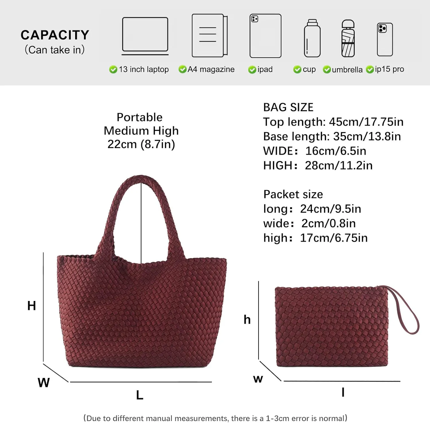 Woven Bag for Women, Large Neoprene Tote Bag Summer Beach Handbag Purse Retro Handmade Travel Shoulder Bag Set