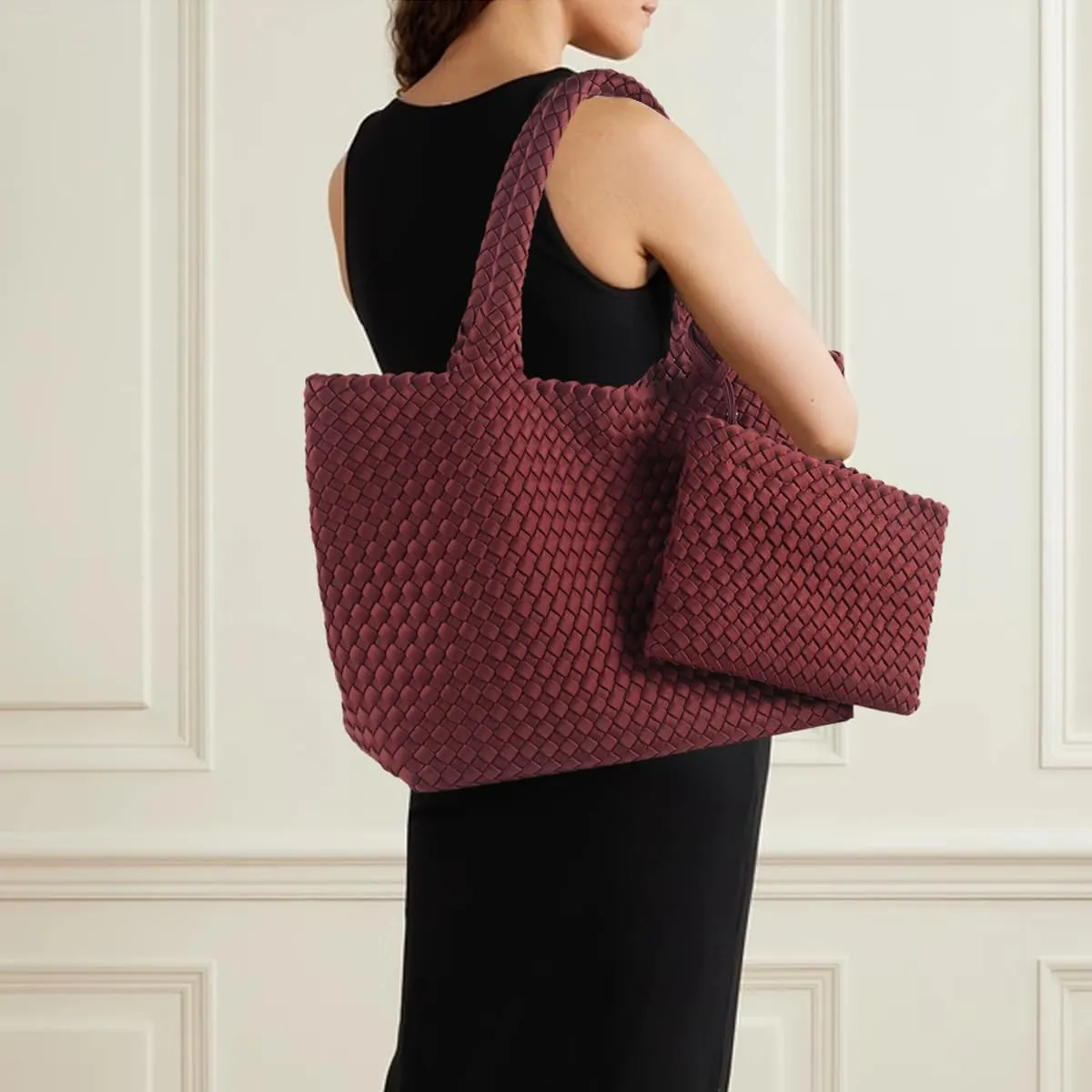 Woven Bag for Women, Large Neoprene Tote Bag Summer Beach Handbag Purse Retro Handmade Travel Shoulder Bag Set