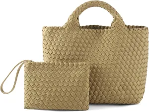 Woven Bag for Women, Neoprene Tote Bag Summer Beach Handbag Purse Retro Handmade Travel Shoulder Bag Set
