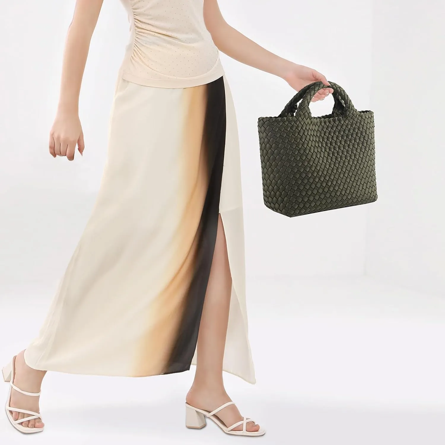 Woven Bag for Women, Neoprene Tote Bag Summer Beach Handbag Purse Retro Handmade Travel Shoulder Bag Set