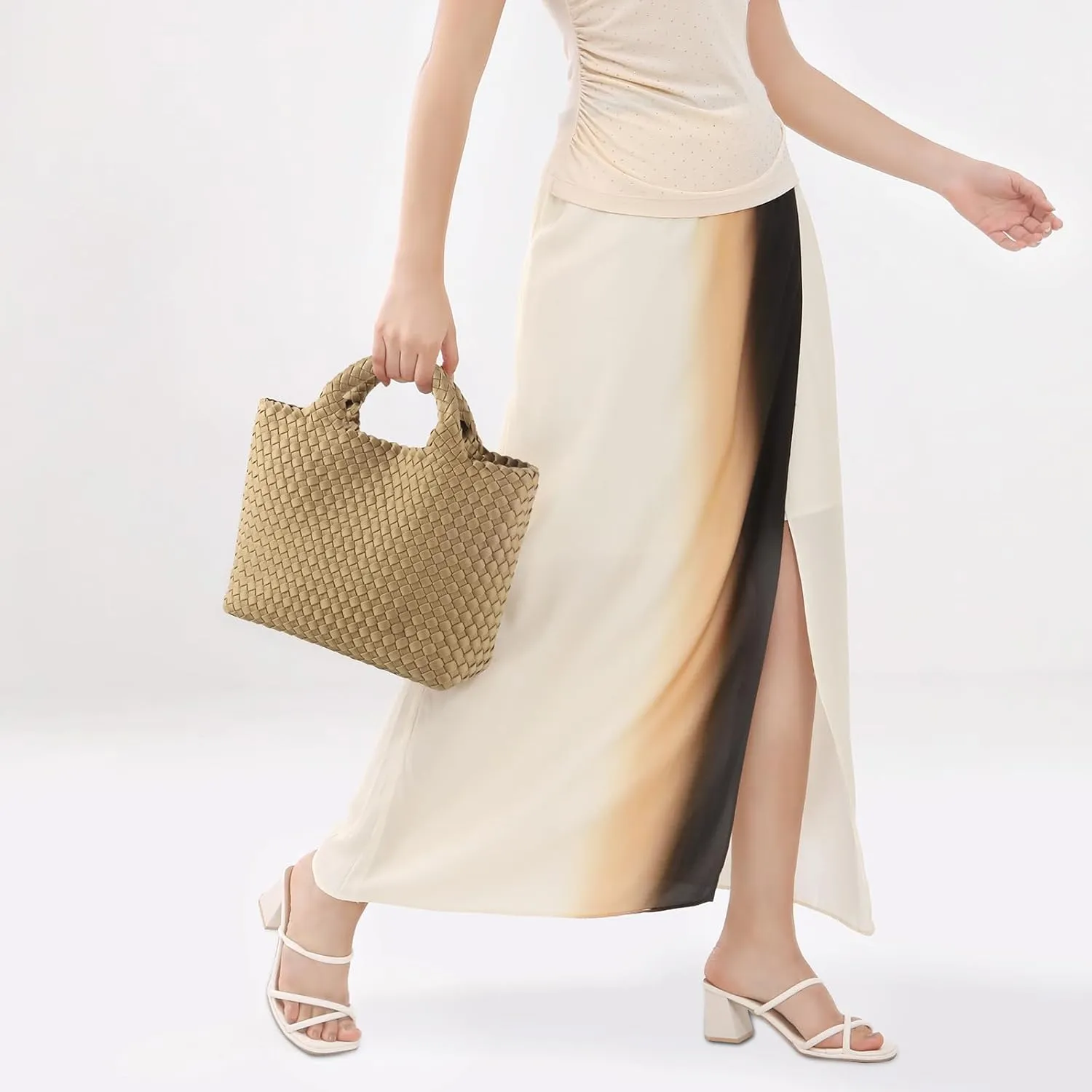 Woven Bag for Women, Neoprene Tote Bag Summer Beach Handbag Purse Retro Handmade Travel Shoulder Bag Set