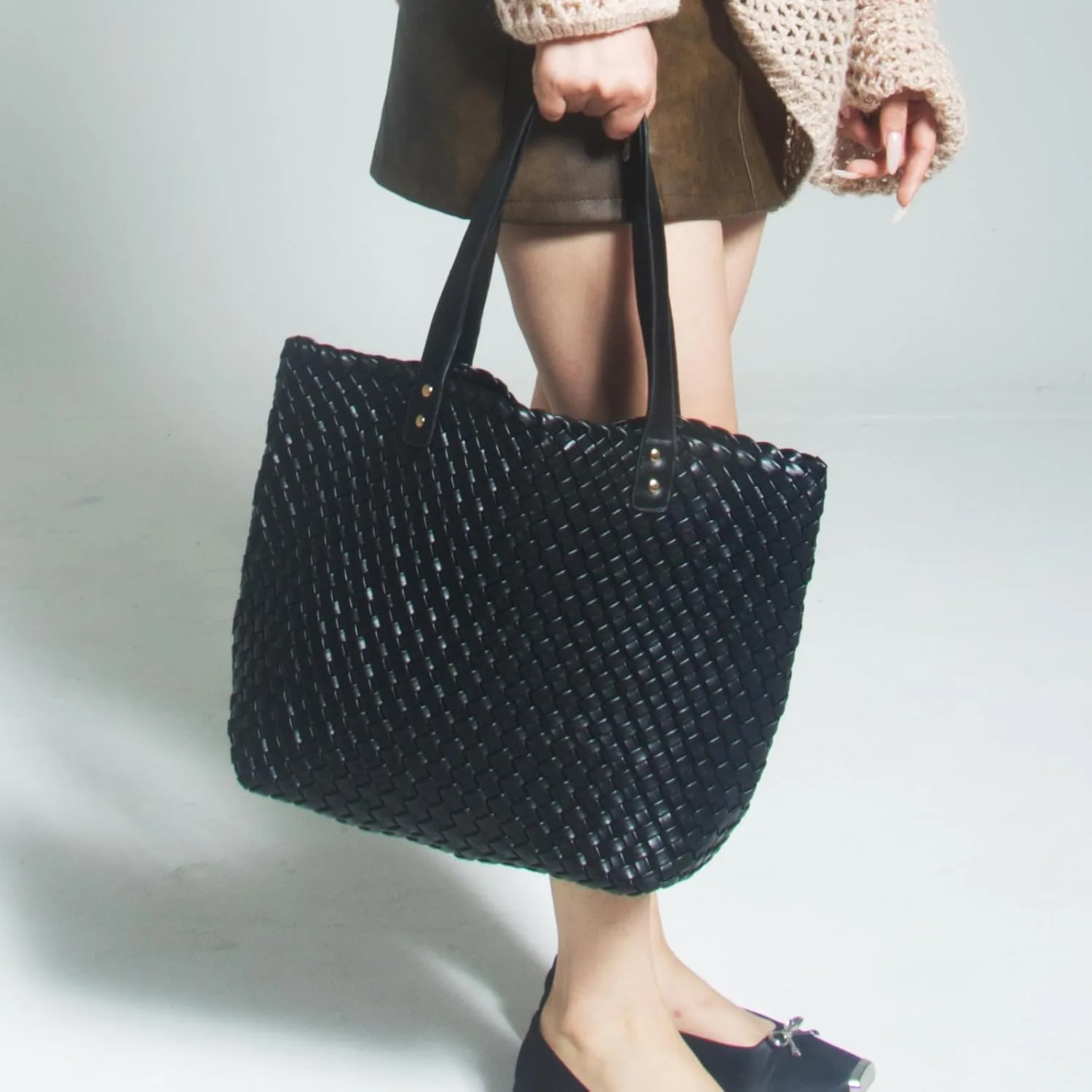 Woven Bag for Women, PU Leather Leather Shoulder Handbags Large Summer Beach Travel Bag