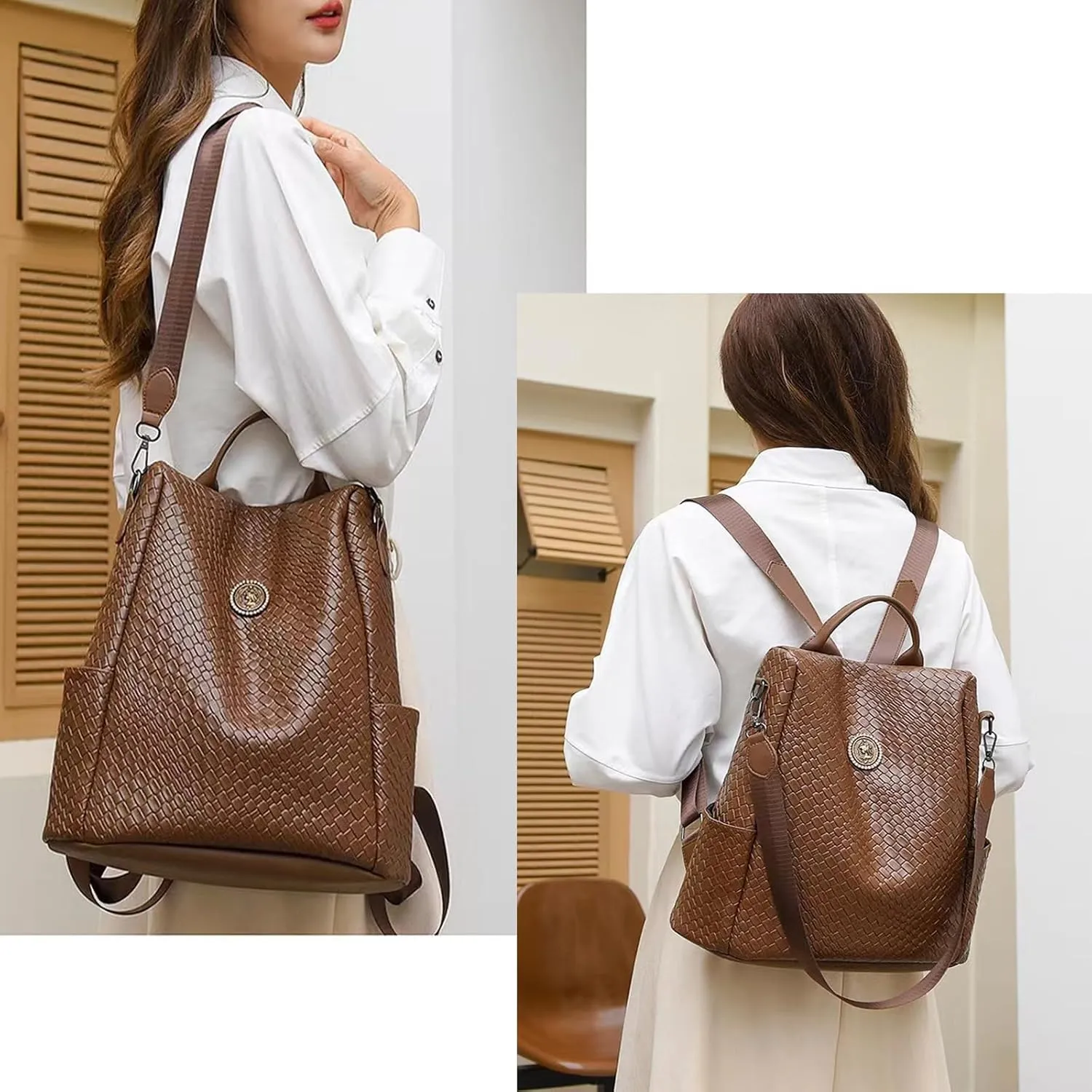 Woven Leather Backpack Purse for Women Waterproof Anti-theft Multipurpose Design Convertible Satchel Handbags (Brown)