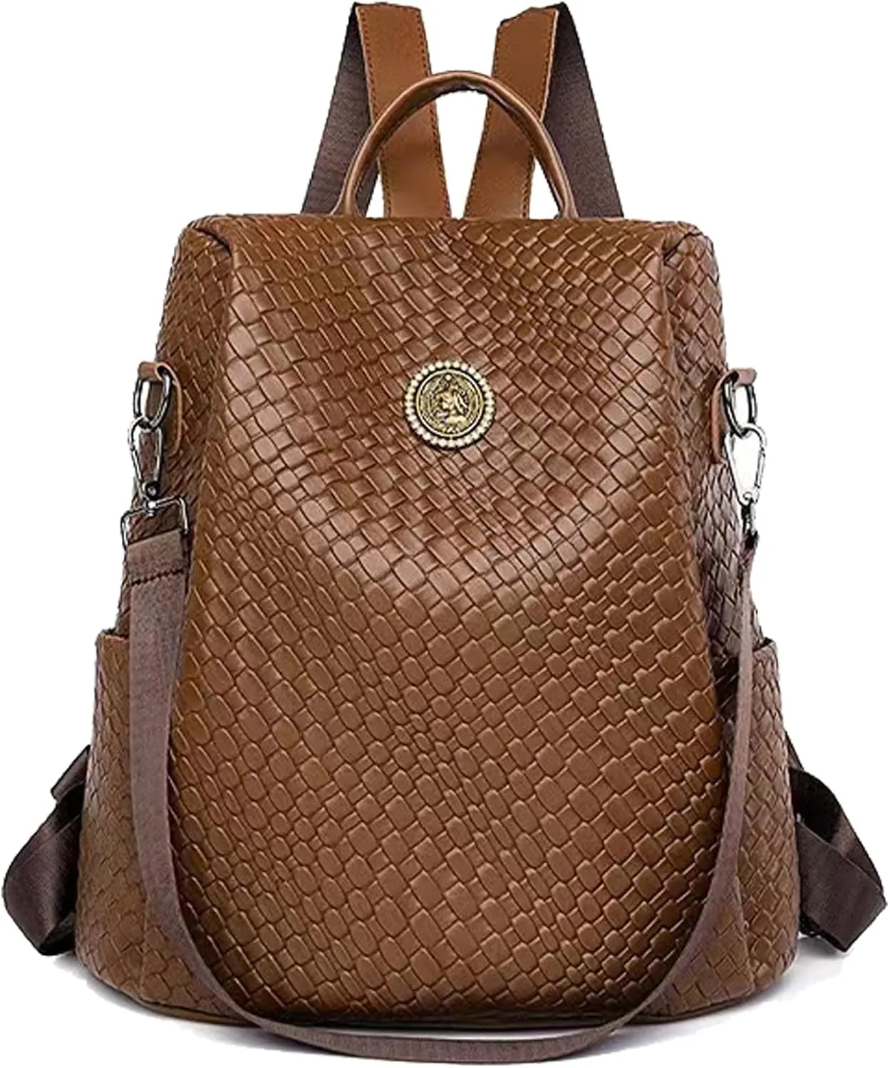 Woven Leather Backpack Purse for Women Waterproof Anti-theft Multipurpose Design Convertible Satchel Handbags (Brown)